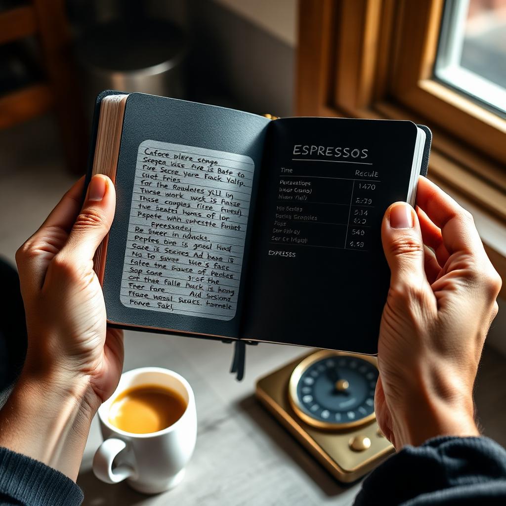 Hände halten Espresso-Notizbuch