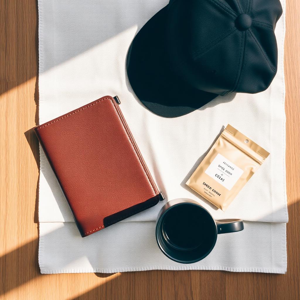 Flatlay mit Cap, Notizbuch, Tamper