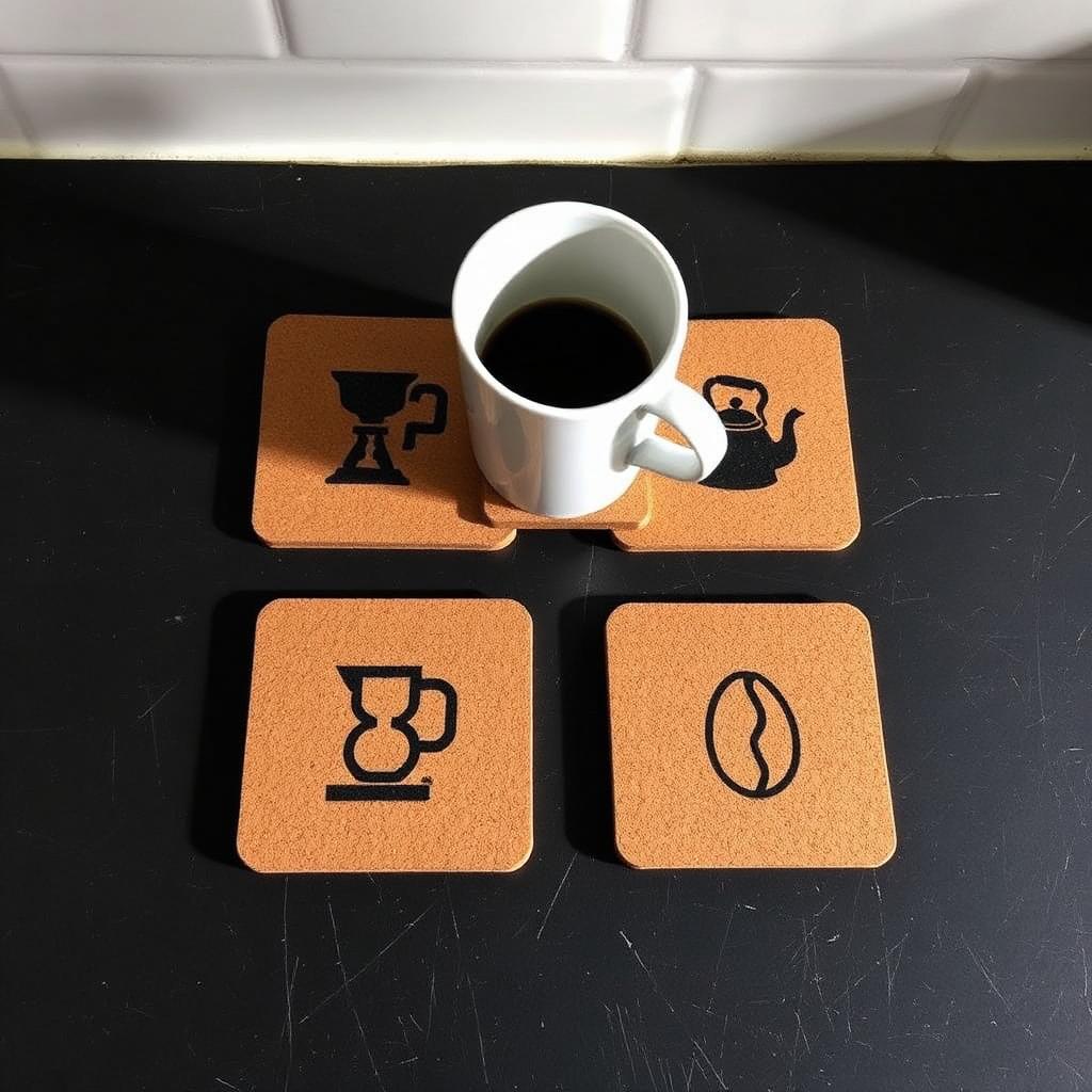 Vier Korkuntersetzer mit Coffee-Icons